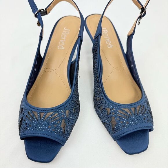 J. Renee ARATA Navy Blue Sparkle Laser Cutout Lace Mesh Open Toe Slingback Heels - Picture 5 of 16